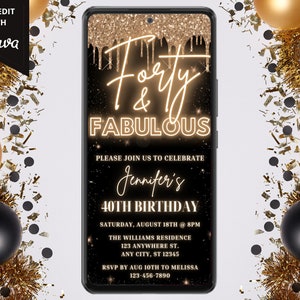 Digital Forty Fabulous 40th Birthday Party Invite, Electronic Text Evite, Gold Glitter Drip, Editable Template, Instant Download, GGD02