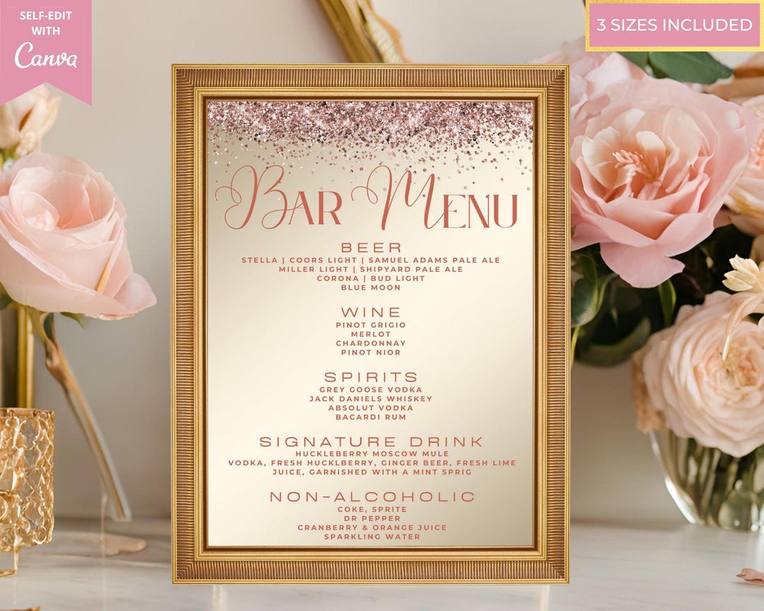 Menu Sign Pink Editable Elegant Pink Rose Gold Signature Drinks Sign Menu, Printable ...