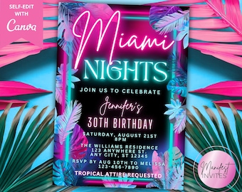 Editable Tropical Miami Nights Birthday Party Invitation Template, Pink Teal Neon, Summer Party, Printable Invite, Instant Download, PTT2