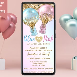 Digital Gender Reveal Invitation, Electronic Gender Reveal Evite, Balloon Gender Reveal, Baby Shower Invite, Blue or Pink, Instant Download