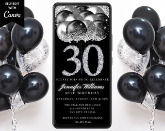 Digital 30th Birthday Black Silver Invitation, Electronic Text Message Evite, Diamond Glitter Balloons, Self-Edit Template, Instant Download