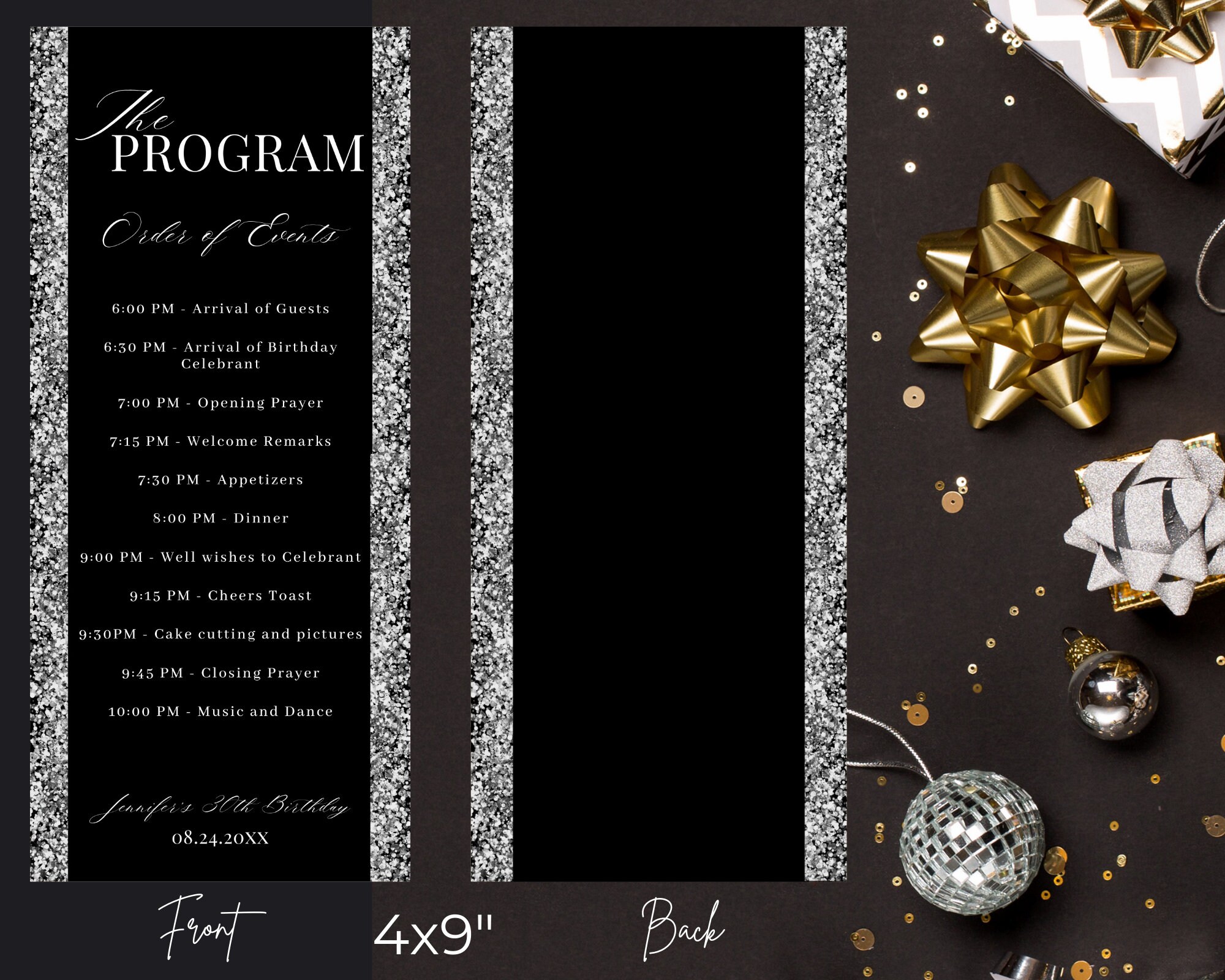 Editable Black Silver Glitter Birthday Event Program Card Template ...