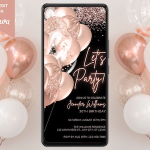 Digital Rose Gold Balloons Birthday Party Invitation, Electronic Phone Text Message Evite, Let&#39;s Party, Editable Template, Instant Download