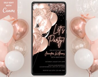 Digital Rose Gold Balloons Birthday Party Invitation, Electronic Phone Text Message Evite, Let's Party, Editable Template, Instant Download