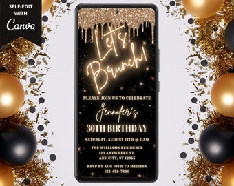 Cyfrowe zaproszenie na brunch urodzinowy, elektroniczne zaproszenie na smartfon, Let's Brunch, złoty brokat Drip, edytowalny szablon, natychmiastowe pobranie, GGD02