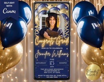Invitación fotográfica digital para fiesta de graduación, globos azules y dorados, felicitaciones al graduado, plantilla editable para teléfono electrónico, descarga instantánea
