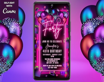 Cyfrowe 40. czterdzieste różowe neonowe balony zaproszenie na przyjęcie urodzinowe, elektroniczne zaproszenie tekstowe na telefon, edytowalny szablon, natychmiastowe pobranie, PNB4
