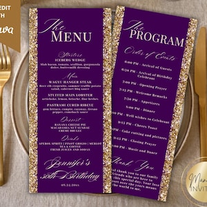 May include: A purple menu and program card set with gold glitter borders. The menu lists starters, main courses, desserts, and drinks. The program outlines the order of events for a 30th birthday celebration.