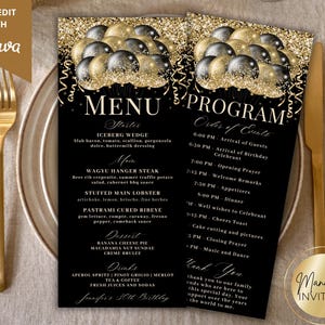 May include: Black and gold menu and program cards with a balloon design. The menu lists starters, main courses, and desserts. The program outlines the order of events. The text "Jennifer's 30th Birthday" is visible.