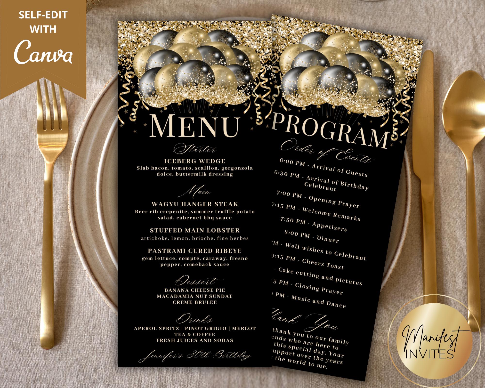 Grad Balloon Menu Editable Elegant Black Gold Glitter Balloons Menu Program and Thank You ...