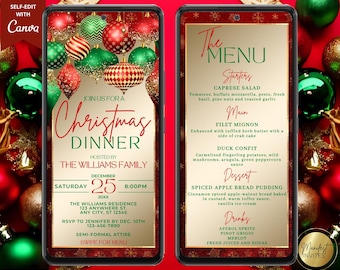 Puede incluir: Una invitación digital para una cena de Navidad en la pantalla de un teléfono inteligente. La invitación presenta adornos rojos y verdes, con el texto "Christmas Dinner" y los detalles del evento. El menú se muestra en la pantalla adyacente, con entrantes, platos principales, postre y bebidas.