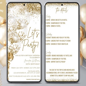 Digital White Gold Birthday Weekend Itinerary, Electronic Birthday Trip Invite, Electronic Schedule, Editable Template, Instant Download