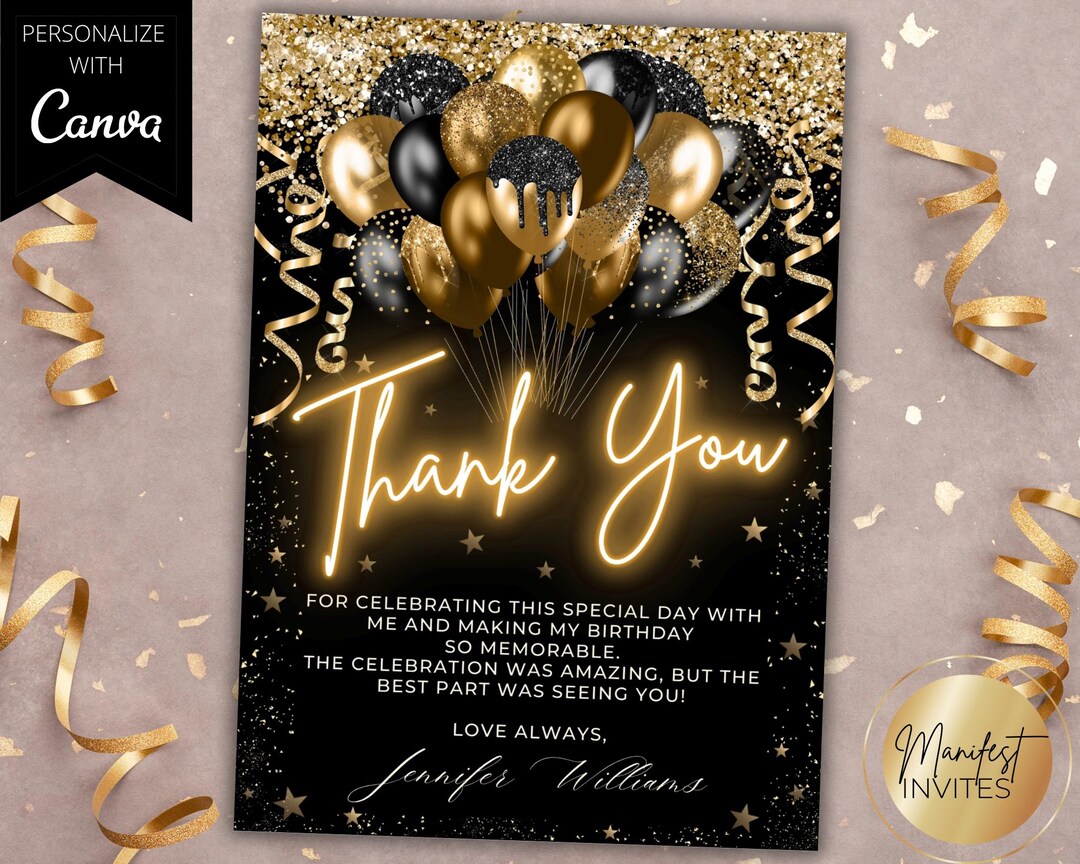 Editable Black Gold Neon Balloons Glam Thank You Card Template ...