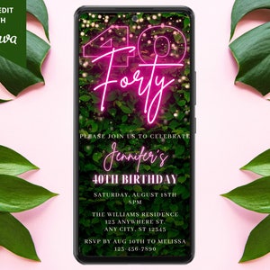 Digital Forty 40th Birthday Party Invitation, Electronic Text Message Email Evite, Pink Neon Greenery, Editable Template, Instant Download