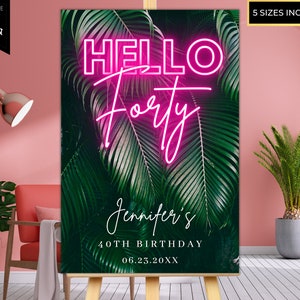 Editable Tropical Hello Forty 40th Birthday Welcome Sign, Printable Sign, Pink Neon, Poster Decor, Editable Template, Instant Download