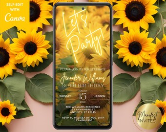 Digital Let's Party Yellow Sunflower Floral Birthday Party Invitation, Electronic Phone Text Evite, Editable Template, Instant Download