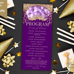 May include: A purple birthday program with gold glitter accents and a balloon design. The program includes the order of events, with times for arrival, prayer, remarks, dinner, and dance. The text "Manifest Invites" is also visible.