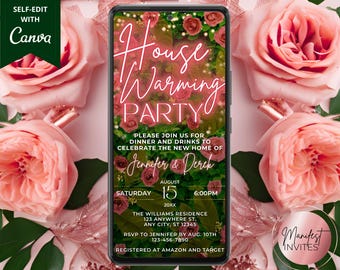 Invitación digital para fiesta de inauguración de casa, fiesta de estreno, diseño floral neón rosa dorado, plantilla editable para teléfono, descarga instantánea