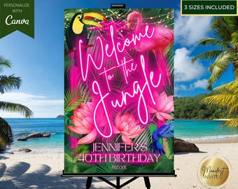 Editable Tropical Pink Neon Birthday Welcome Sign, Welcome to the Jungle, Summer Beach Pool Safari Party Decor, Printable Canva Template