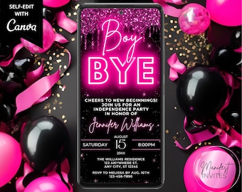 Digital Boy Bye Divorce Breakup Party Glam Invitation, Girls Night, Neon Pink Glitter Drip, Evite, Editable Template, Instant Download, PGD7