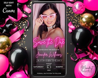 Digital Photo Pink Neon Save the Date Party Glam Invitation, Women's Girl's Party, Phone Text Evite, Editable Template, Instant Download
