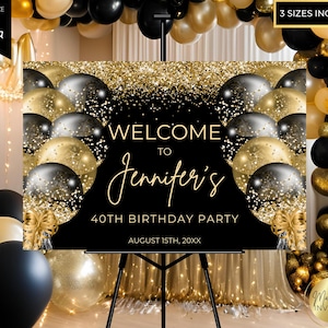 Editable Black Gold Glitter Balloons Glam Welcome Party Sign Template, Printable Birthday Graduation Decor, Canva Template, Instant Download