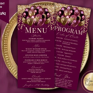 May include: Two menu and program cards with a gold glitter top border and a cluster of purple and gold balloons. The menu lists starters, main courses, desserts, and drinks. The program outlines the order of events for a birthday celebration.
