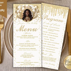 May include: A gold-themed menu and program card set for a birthday celebration. The menu features a photo, menu items, and the text "Menu". The program card lists the order of events. The text "Manifest Invites" is also visible.