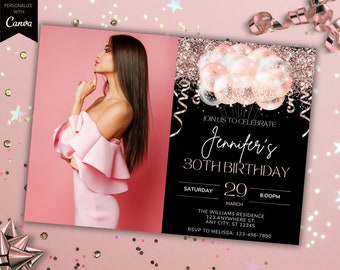 Bearbeitbares Foto rosa Rose gold Glitter Ballons Geburtstag Party Einladung, druckbare Karte und Evite, bearbeitbare Vorlage, sofortiger Download