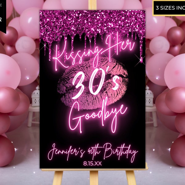 Printable Kissing Her 20s 30s 40s Goodbye Birthday Party Welcome Sign, Any Age, Pink Neon Glitter Lips, Editable Template, Instant Download