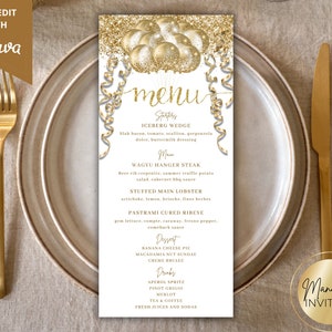 Bewerkbare witgouden glitterballonnen diner menukaart verjaardag, afdrukbare evenementmenu en drankkaart, bewerkbare sjabloon, direct downloaden