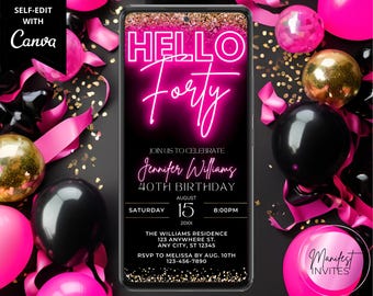 Invitación digital para fiesta de cumpleaños número 40 con brillo dorado, neón y rosa, texto para teléfono, Plantilla editable, Descarga instantánea, PG38