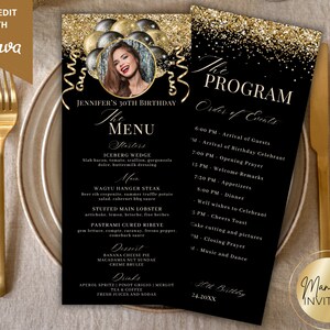 Modèle de menu et de carte de programme avec image modifiable de ballons scintillants dorés noirs, menu d'événement imprimable et carte de boissons, menu de dîner d'anniversaire
