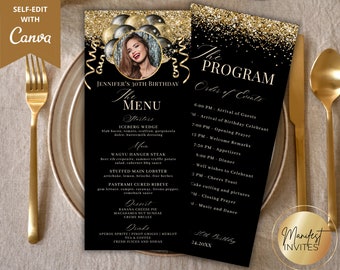 Editable Picture Black Gold Glitter Balloons Menu and Program Card Template, Printable Event Menu and Drink Card, Birthday Dinner Menu