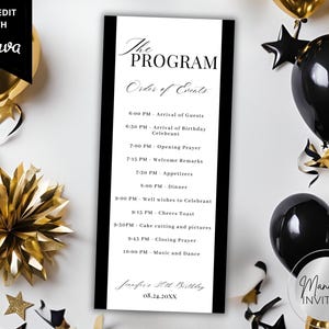 Bewerkbare moderne minimalistische zwart-witte kaartsjabloon evenementprogramma, verjaardagsdiner reisplan agenda, tabelprogramma, instant download