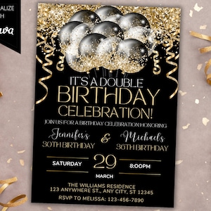Modèle d'invitation modifiable de ballons scintillants en or noir pour fête d'anniversaire double, carte imprimable et texte de téléphone Evite, téléchargement immédiat