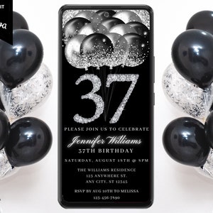 Digital 37th Birthday Black Silver Invitation, Electronic Text Message Evite, Diamond Glitter Balloons, Self-Edit Template, Instant Download