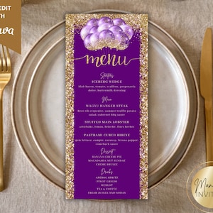 Bewerkbare paarsgouden glitterballonnen diner menukaart verjaardag, afdrukbare evenementmenu en drankkaart, bewerkbare sjabloon, direct downloaden