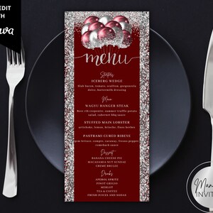 Editable Red Silver Glitter Balloons Birthday Dinner Menu Card, Printable Event Menu and Drink Card, Editable Template, Instant Download