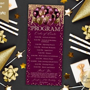 May include: A purple and gold event program with the text "PROGRAM" and "Order of Events." The program includes a schedule, a thank you message, and the text "Manifest Invites." The image also features gold party decorations.