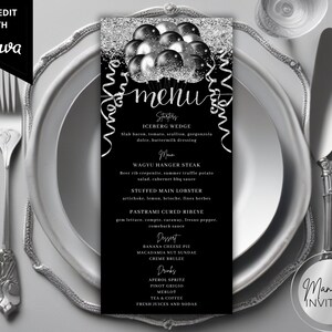 Bewerkbare zwartzilveren glitterballonnen diner menukaart verjaardag, afdrukbare evenementmenu en drankkaart, bewerkbare sjabloon, direct downloaden