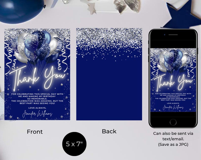 Editable Blue Silver Glitter Balloons Thank You Birthday Card Template ...