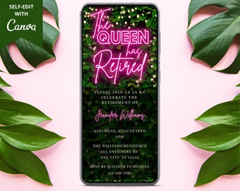 Electronic Retirement Party Invitation, Digital Farewell Evite, Queen Has Retired, Pink Neon Greenery, Editable Template, Instant Download