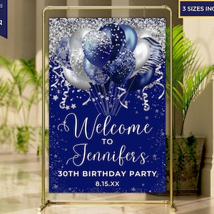 Blue Silver Glitter Balloons Printable Welcome Sign, Birthday Party Sign, Graduation, Entrance Sign, Editable Template, Instant Download
