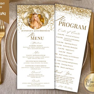 Editable Picture White Gold Glitter Balloons Menu and Program Card Template, Printable Event Menu and Drink Card, Birthday Dinner Menu