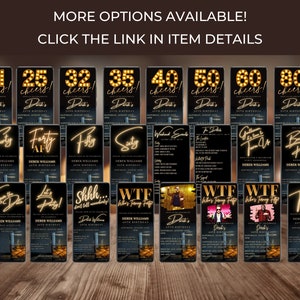 May include: A collection of 20 different birthday party invitation designs featuring a black background with gold accents. The invitations feature various ages, from 21 to 80, and include phrases like "Cheers!" and "Let's Party!"