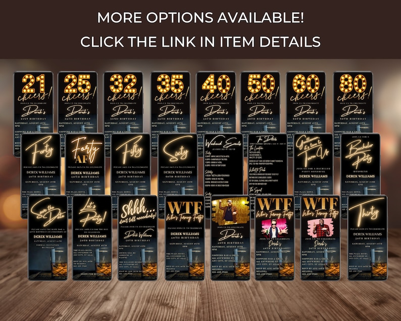 May include: A collection of 20 different birthday party invitation designs featuring a black background with gold accents. The invitations feature various ages, from 21 to 80, and include phrases like "Cheers!" and "Let's Party!"