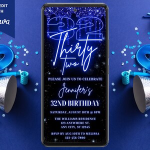 Digital 32nd Birthday Party Invitation, Electronic Phone Text Message Evite, Neon Blue Glitter Drip, Editable Template, Instant Download