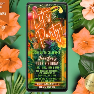 Digital Let&#39;s Party Tropical Palm Leaves Orange Neon Birthday Party Invitation, Electronic Phone Evite, Editable Template, Instant Download