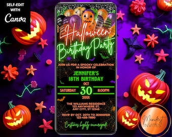 Digital Halloween Birthday Party Orange Green Neon Invitation, Spooky Costume Party, Phone Evite, Editable Canva Template, Instant Download